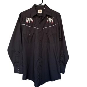 Ely Cattleman Shirt Mens Medium Black Western Snap Skull Embroidered Cowboy